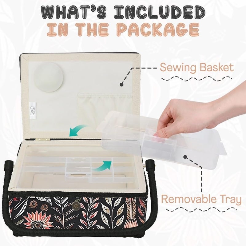 COMFECTO Vintage Black Print Wooden Sewing Basket Organizer, Empty Box With Removable Tray and Built-In Pin Cushion for Supplies, Suitable for Beginners and Experts - Image 2